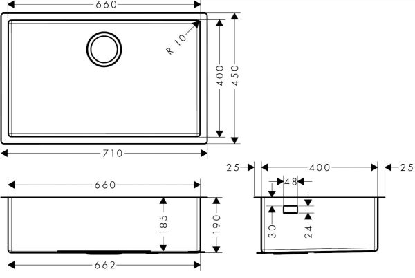 Hansgrohe S71 S719-U660 Fregadero de bajo mesada 660 Acero inoxidable codigo 43428800